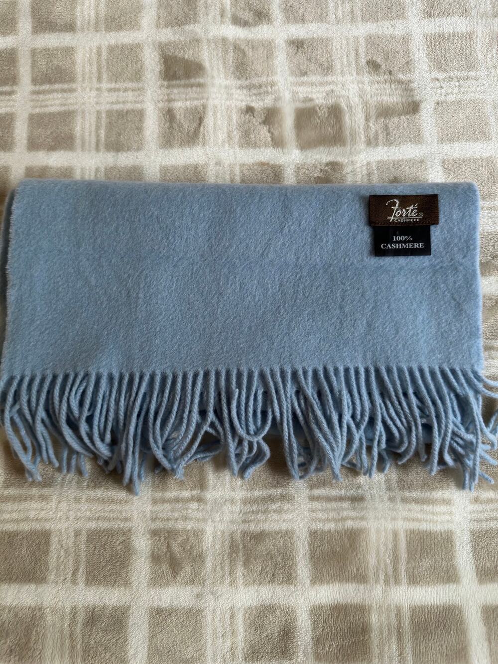 Forte Cashmere Scarf 100% Cashmere Light Blue Gray Fringe OS
